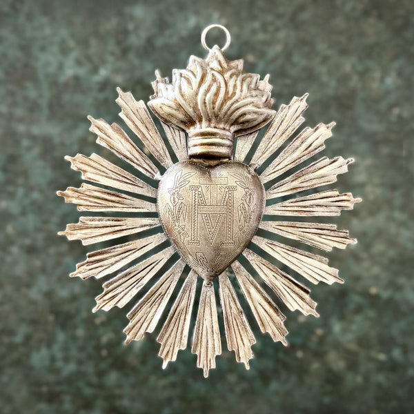 Small Sunburst Sacred Heart Silver