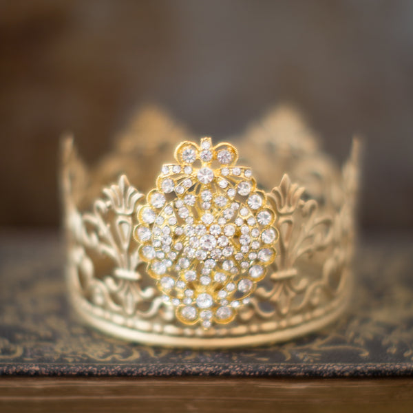 Gold Crown Cake Topper ~ White Rhinestones Oval