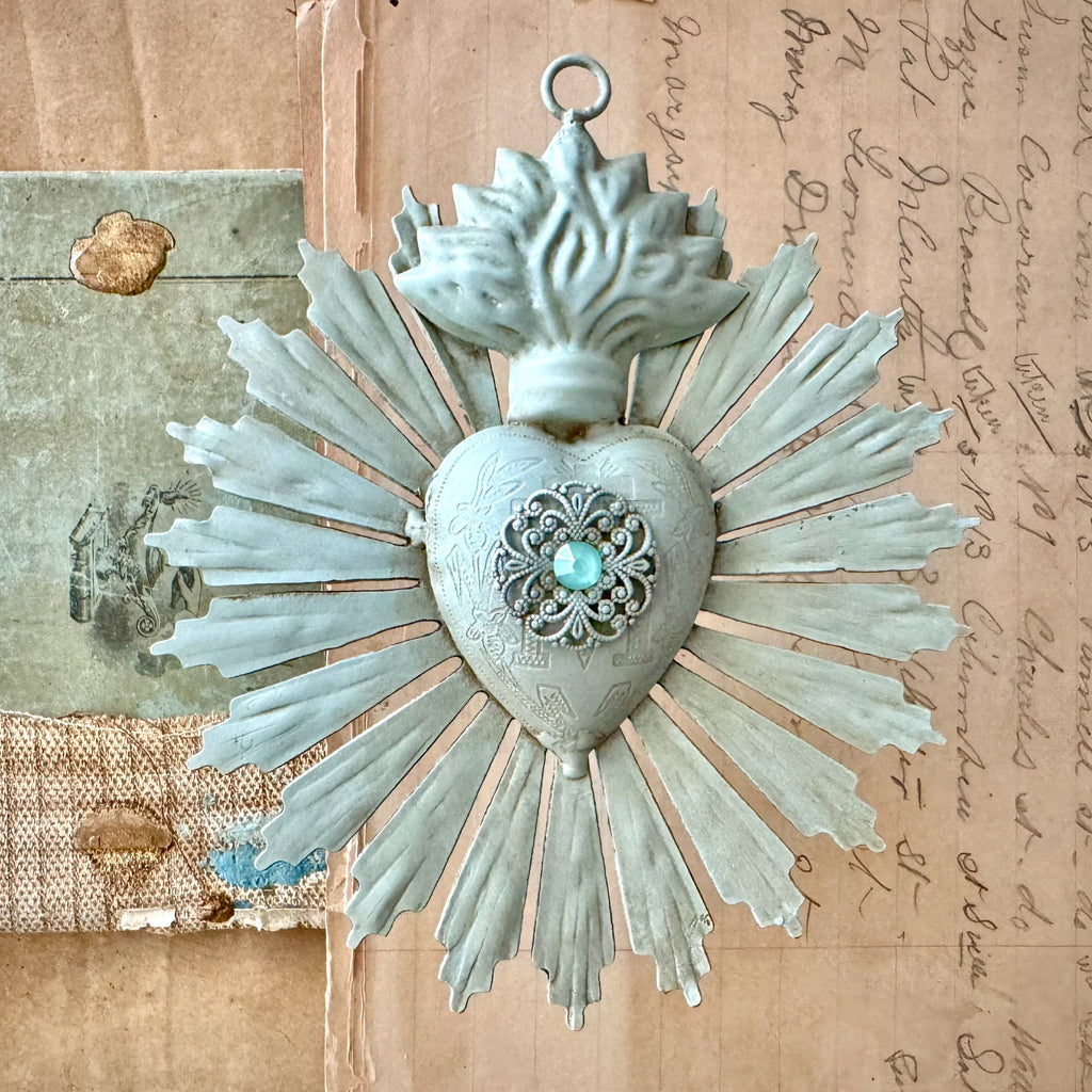 Small Sunburst Sacred Heart ~ Sage with Rhinestone