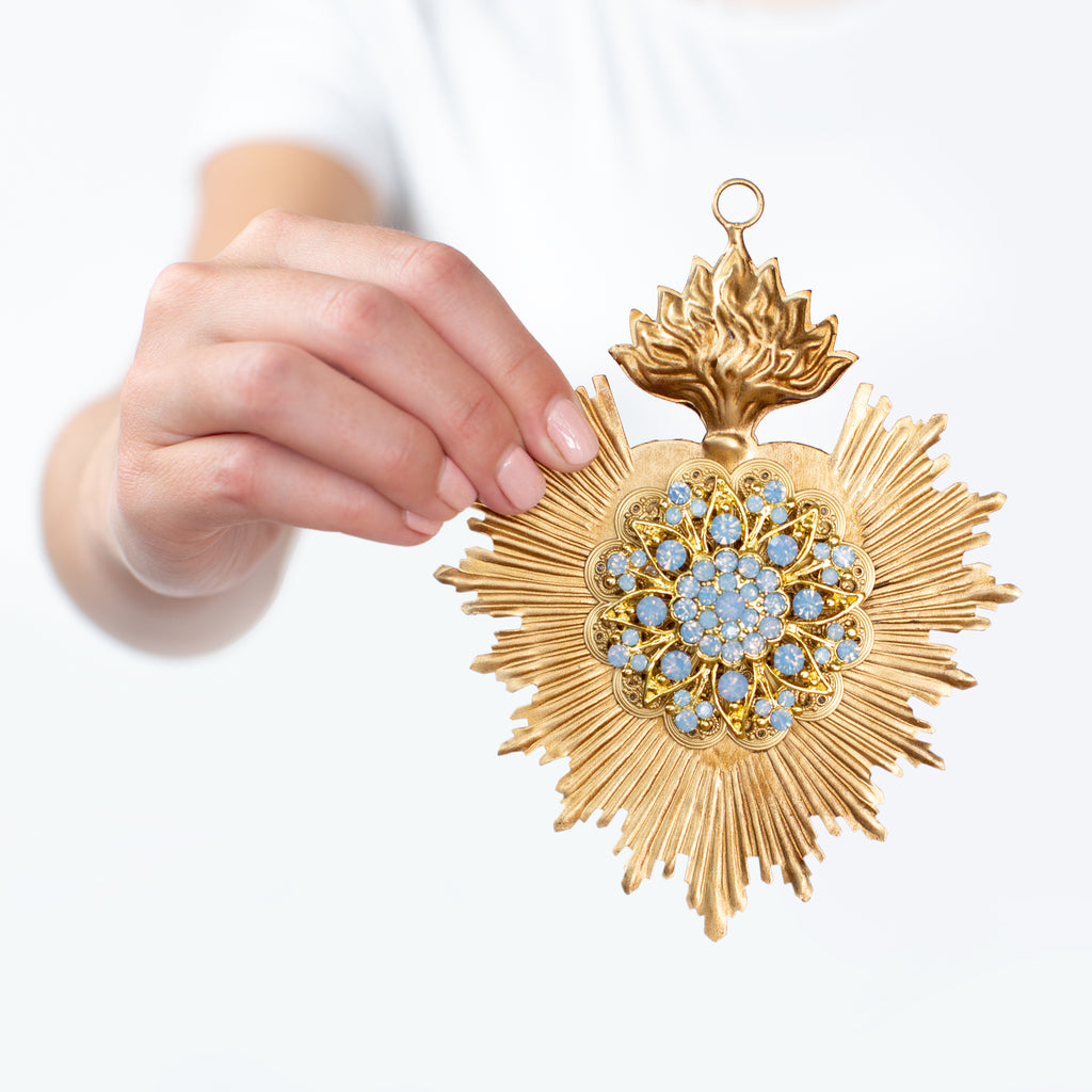 Sacred Heart ~ Gold with Blue Opal Rhinestones