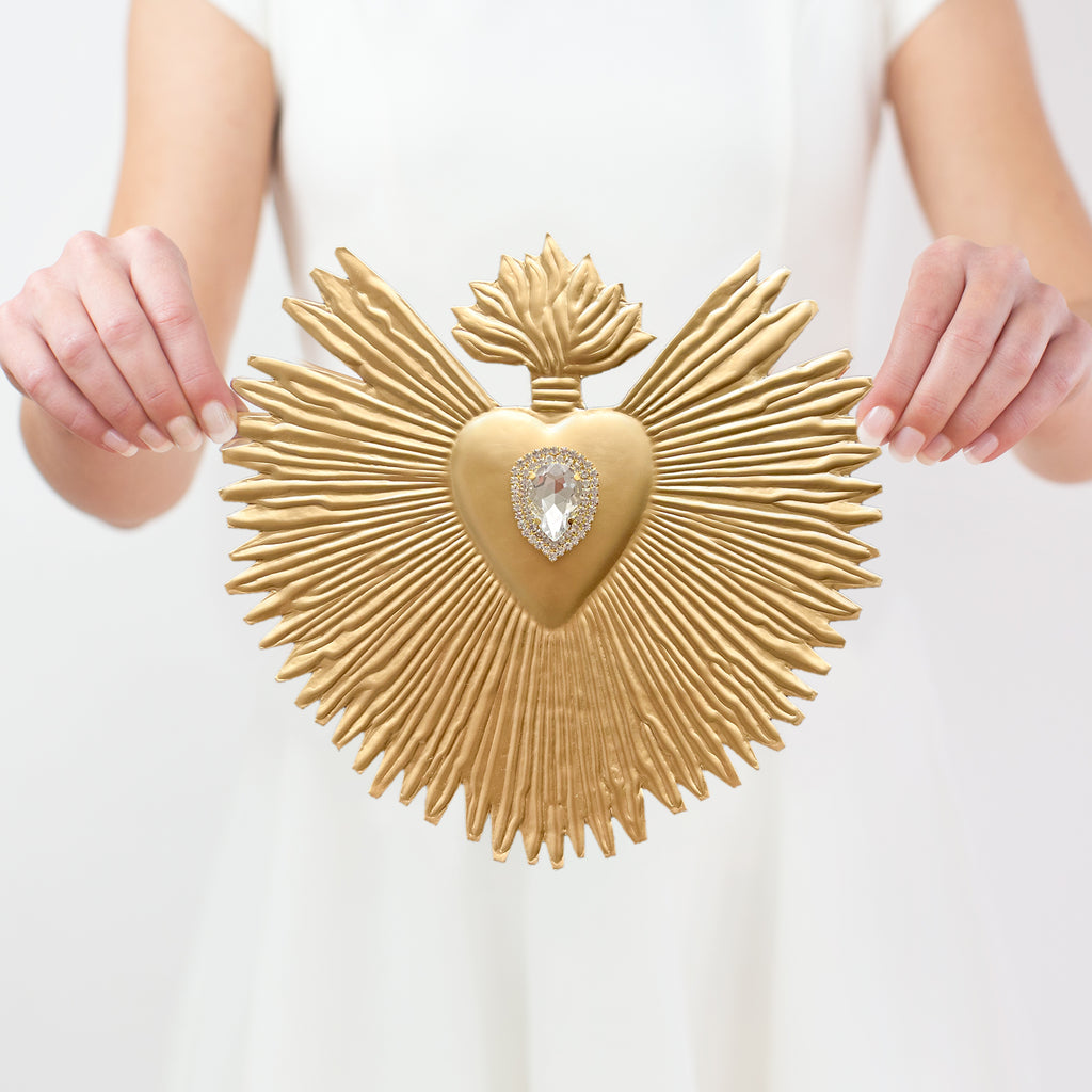 Brilliant Flame Sacred Heart ~ Gold with White Rhinestones