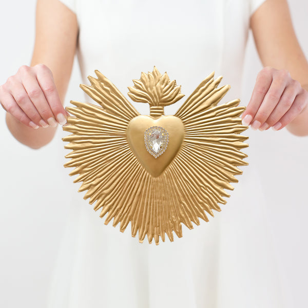 Brilliant Flame Sacred Heart ~ Gold with White Rhinestones