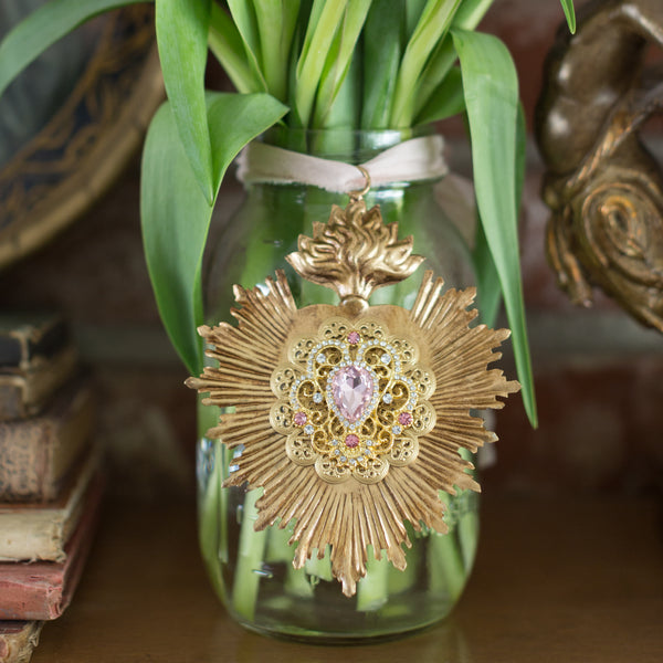 Sacred Heart ~ Gold with Pink Rhinestones