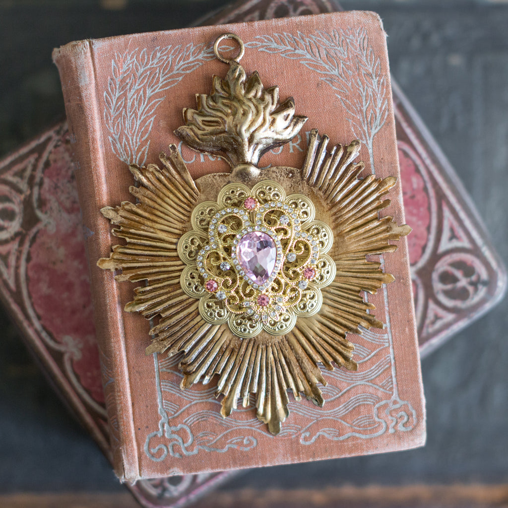 Sacred Heart ~ Gold with Pink Rhinestones