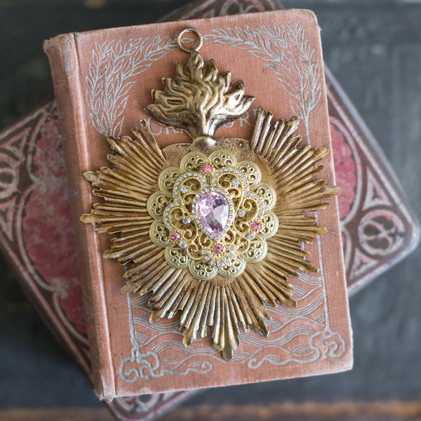 Sacred Heart ~ Gold with Pink Rhinestones