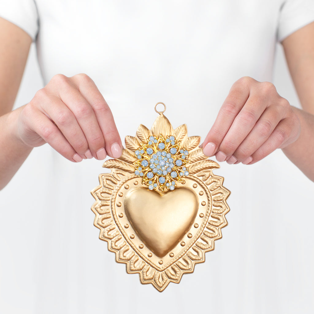 Hanging Sacred Heart ~ Laurel with Blue Opal Rhinestones