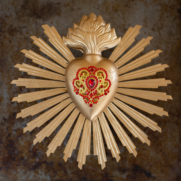 Sunburst Sacred Heart ~ Gold with Red Rhinestones