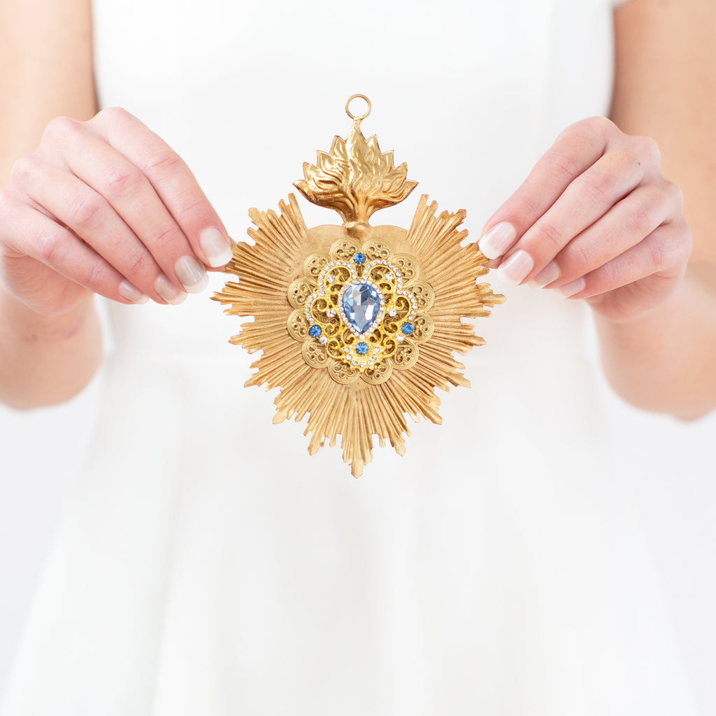 Sacred Heart ~ Gold with Blue Sapphire Rhinestones