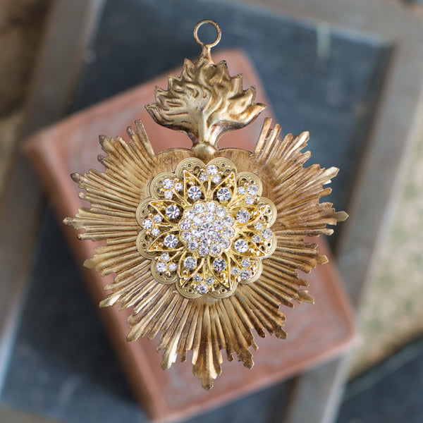 Sacred Heart ~ Gold with White Rhinestones