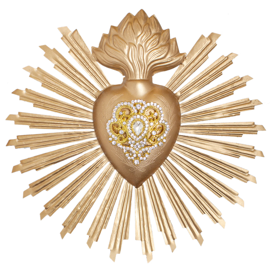 Sunburst Sacred Heart ~ Gold with White Rhinestones