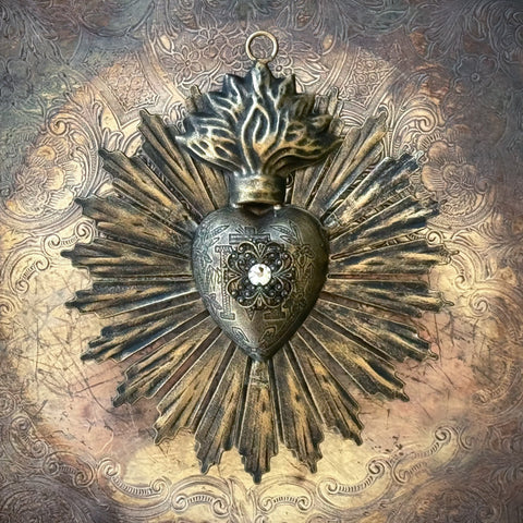 Small Sunburst Sacred Heart ~ Black and Gold with Rhinestone