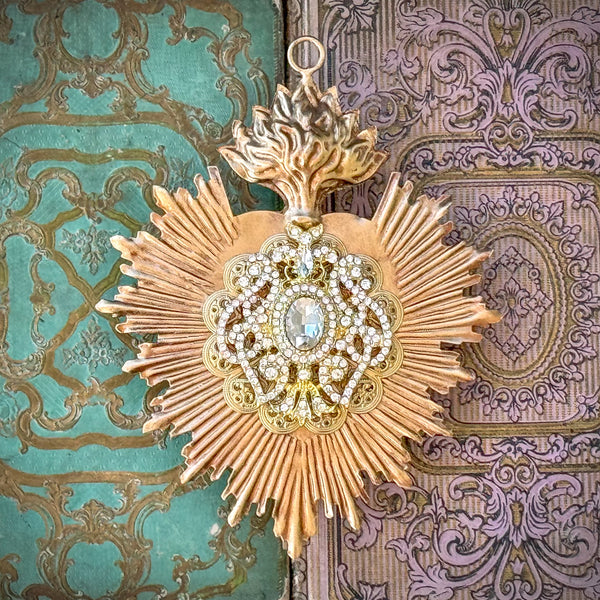 Sacred Heart ~ Gold with White Rhinestones