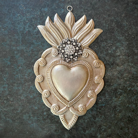 Large Sacred Heart ~ Antique Silver with Rhinestones