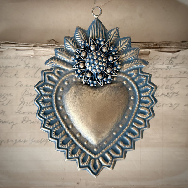 Hanging Sacred Heart ~ Blue and Gold Laurel