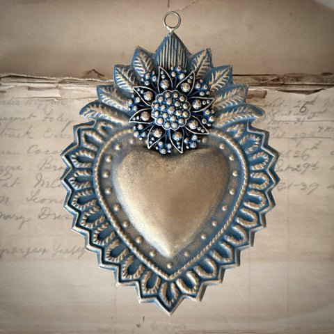 Hanging Sacred Heart ~ Blue and Gold Laurel