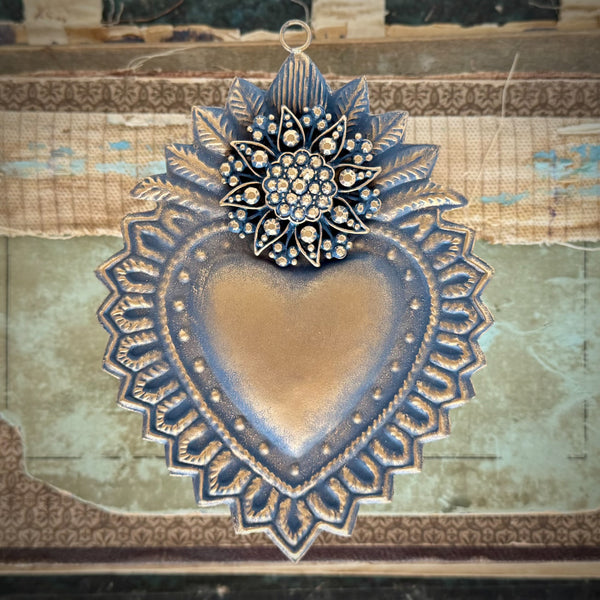 Hanging Sacred Heart ~ Blue and Gold Laurel