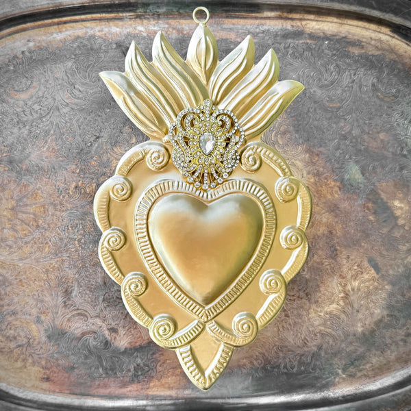 Large Sacred Heart with Rhinestones ~ Bright Gold