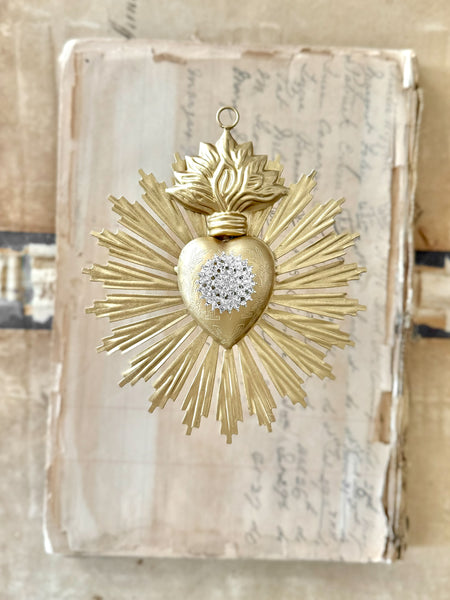 Small Sunburst Sacred Heart Bright Gold with Rhinestones