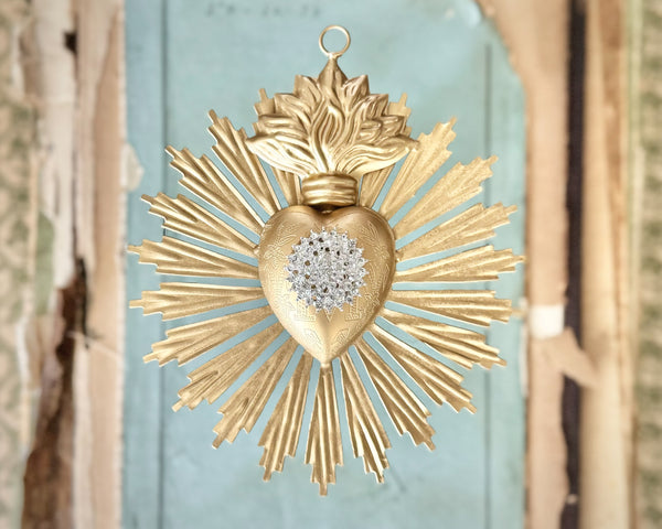 Small Sunburst Sacred Heart Bright Gold with Rhinestones