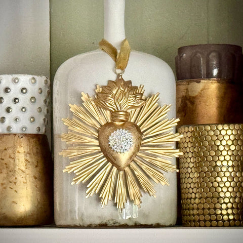 Small Sunburst Sacred Heart Bright Gold with Rhinestones