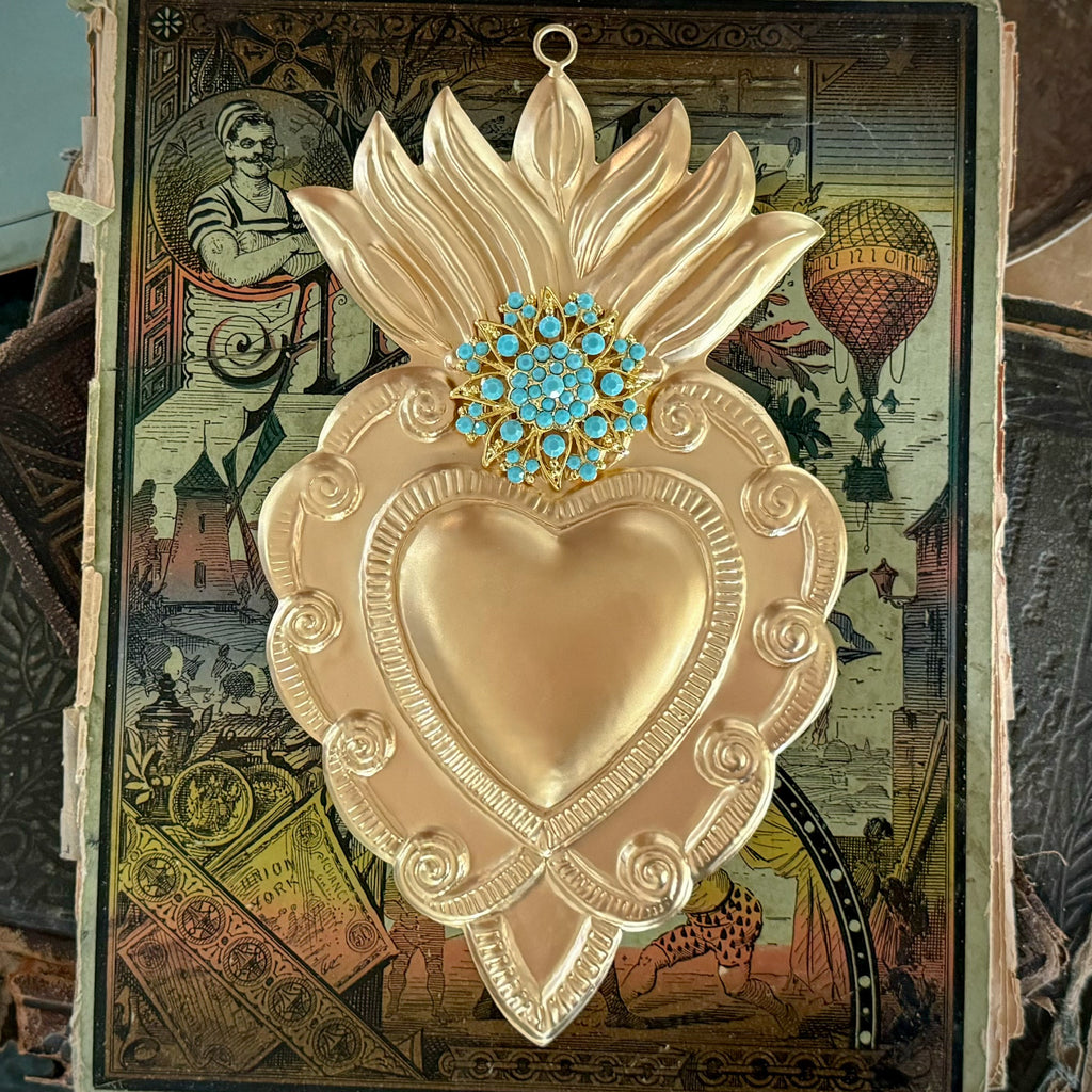 Large Gold Sacred Heart with Turquoise Rhinestones