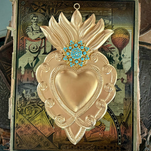 Large Gold Sacred Heart with Turquoise Rhinestones