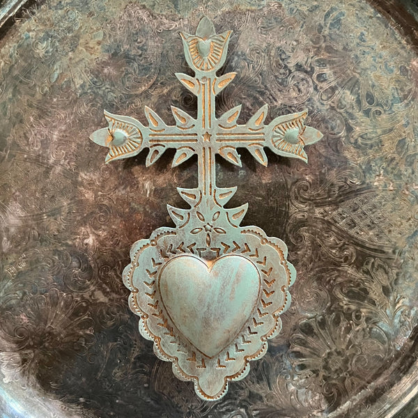 Antiqued Sage & Gold Cross ~ Sacred Heart