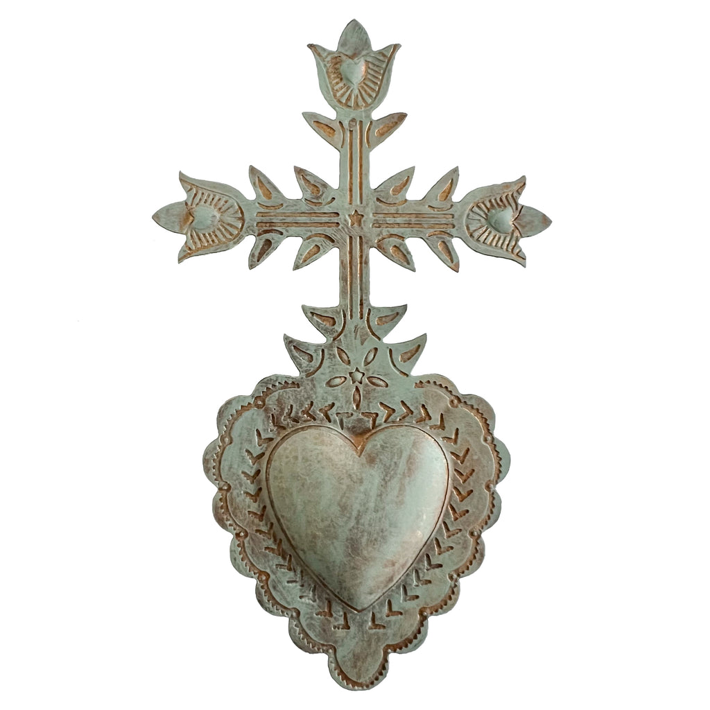 Antiqued Sage & Gold Cross ~ Sacred Heart