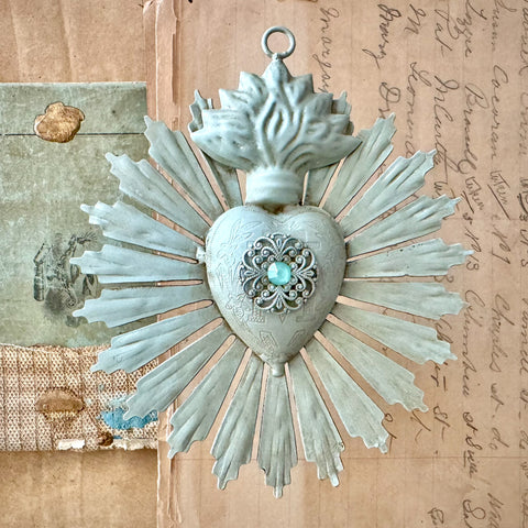 Small Sunburst Sacred Heart ~ Sage with Rhinestone