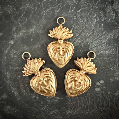 Tiny Hanging Sacred Heart ~ Antique Gold set of 3