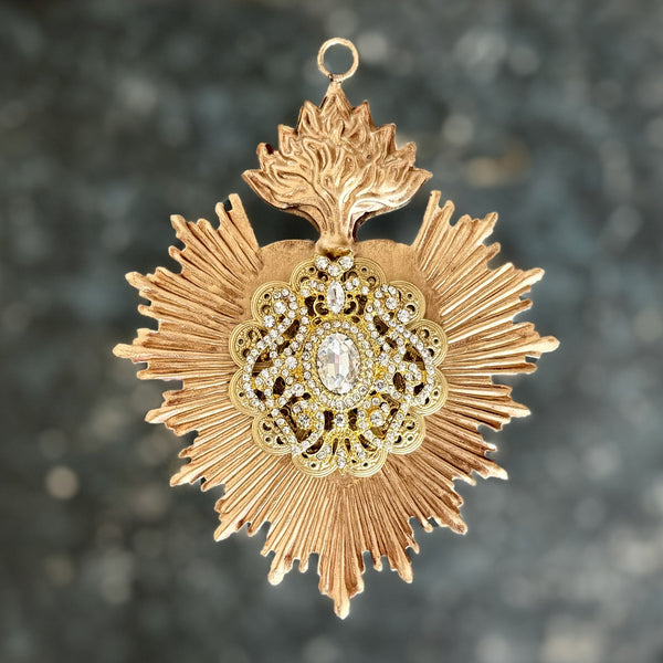 Sacred Heart ~ Gold with White Rhinestones