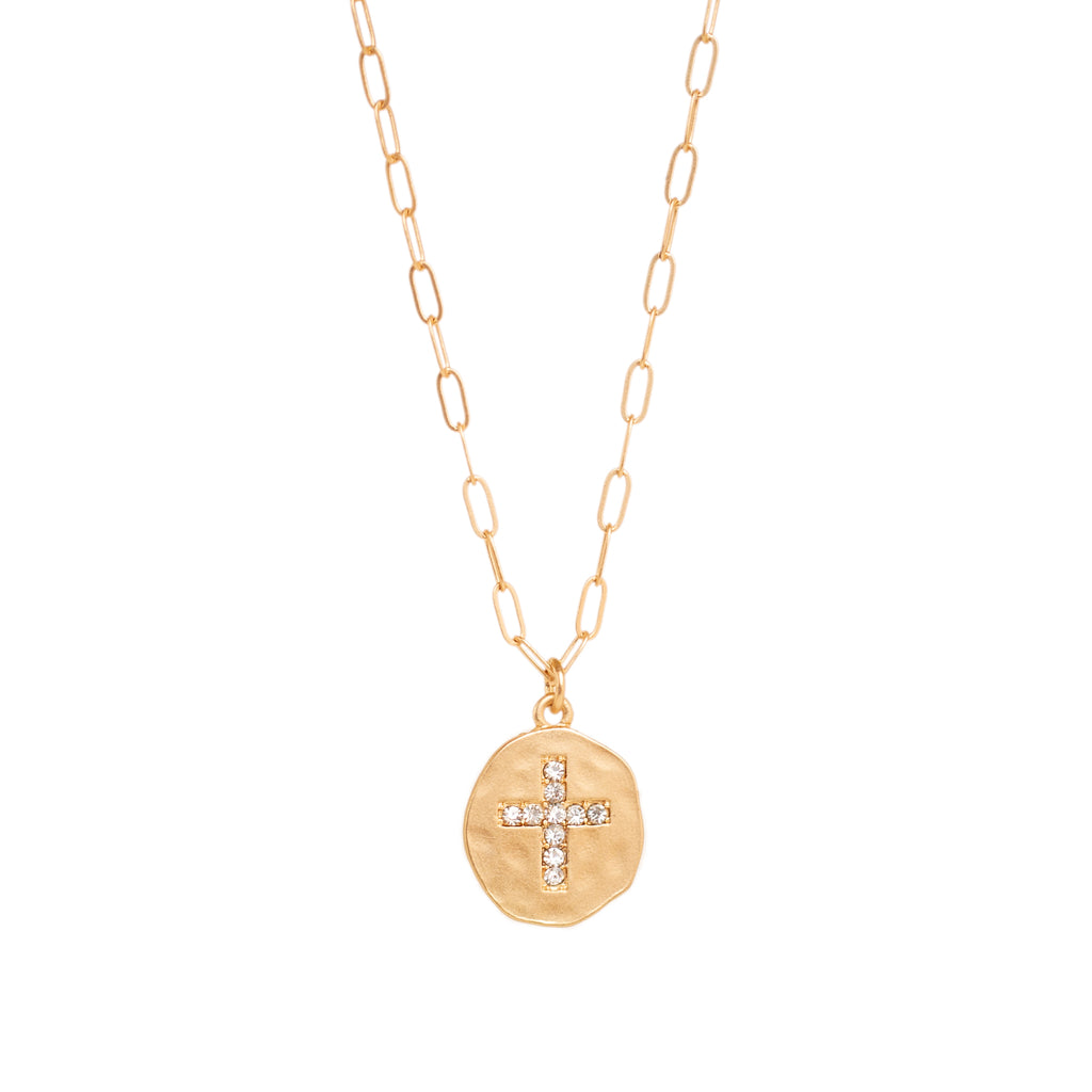 Gold Hammered Pendant with Clear Crystal Cross Necklace ~ Matte Gold