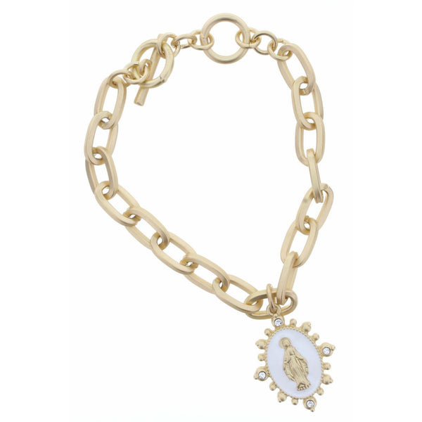 Gold Toggle Chain with Gold Virgin Mary in White Enamel Charm Bracelet