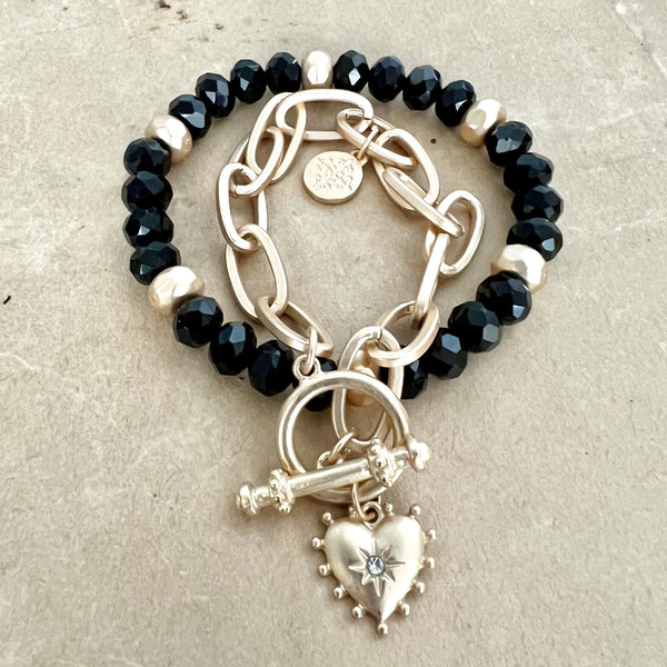 Beaded with Gold Chain Link Toggle & Heart Charm Bracelet, Set of 2