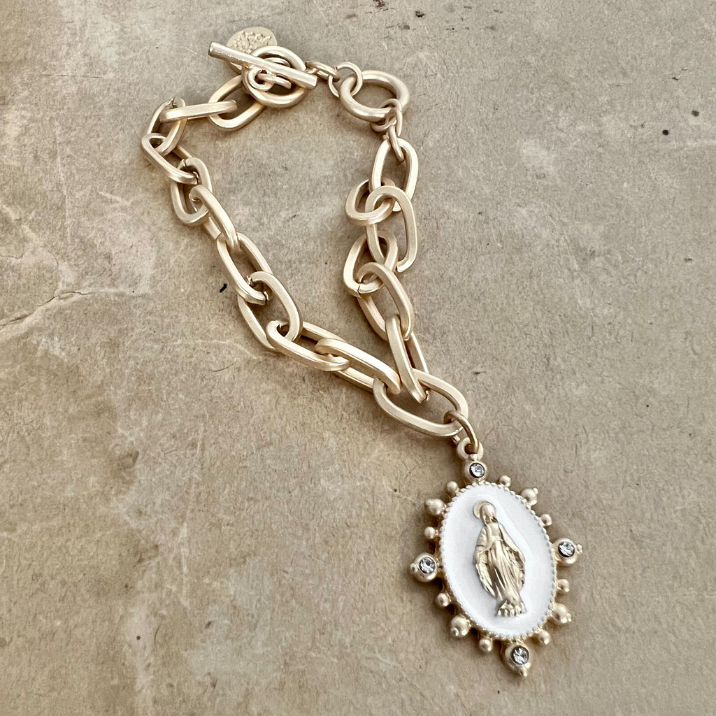 Gold Toggle Chain with Gold Virgin Mary in White Enamel Charm Bracelet