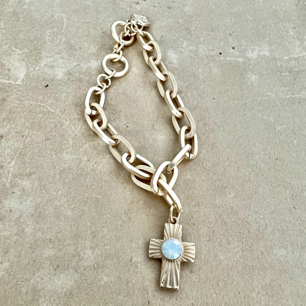Gold Toggle Chain with Textured Cross with Opal Czech Stone Bracelet