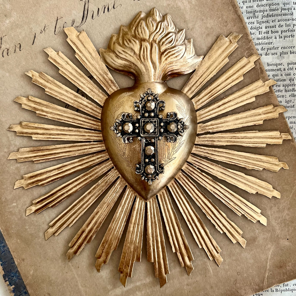 Sunburst Sacred Heart with Cross