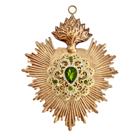 Sacred Heart ~ Gold with Emerald Green Rhinestones