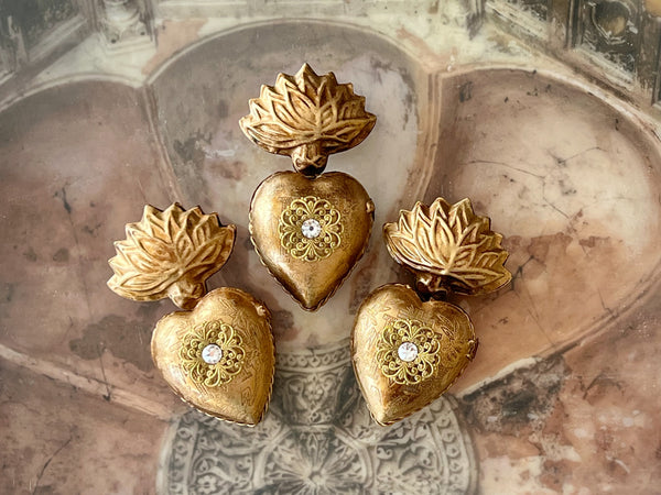 Small Flame Sacred Hearts (3) ~ Antique Gold with white crystals