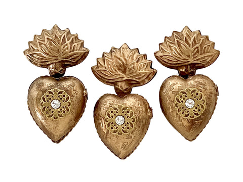 Small Flame Sacred Hearts (3) ~ Antique Gold with white crystals