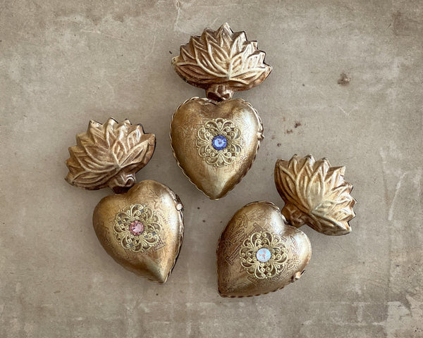 Small Flame Sacred Hearts (3) ~ Antique Gold with Pastel Rhinestones