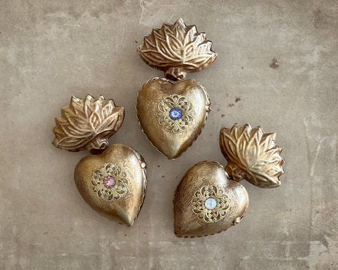 Small Flame Sacred Hearts (3) ~ Antique Gold with Pastel Rhinestones