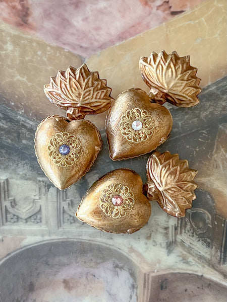 Small Flame Sacred Hearts (3) ~ Antique Gold with Pastel Rhinestones