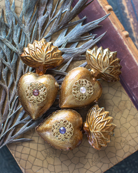 Small Flame Sacred Hearts (3) ~ Antique Gold with Pastel Rhinestones