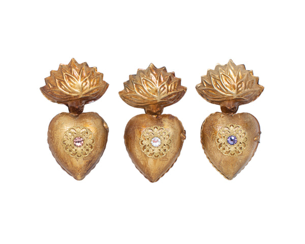 Small Flame Sacred Hearts (3) ~ Antique Gold with Pastel Rhinestones
