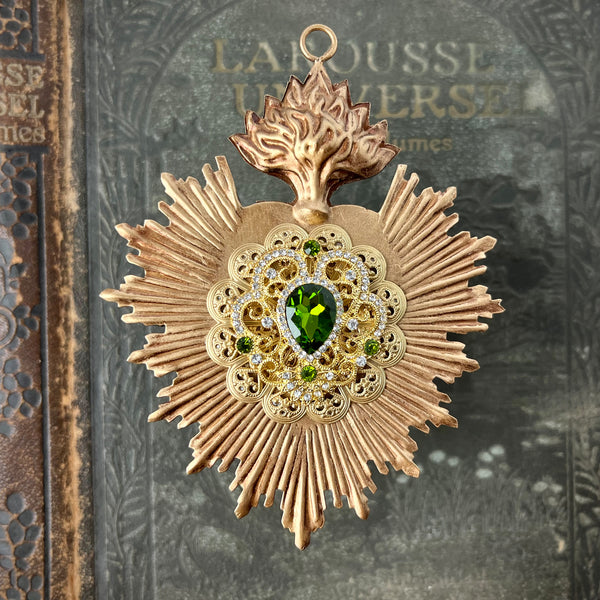 Sacred Heart ~ Gold with Emerald Green Rhinestones