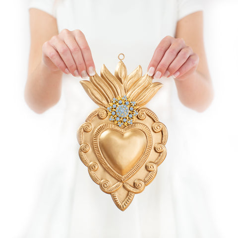Large Sacred Heart with Blue Opal Rhinestones ~ Gold