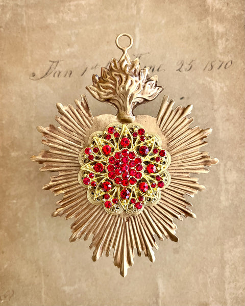 Sacred Heart ~ Gold with Red Rhinestones