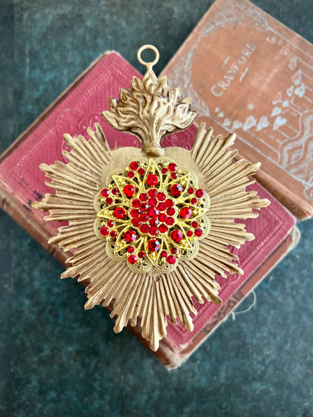 Sacred Heart ~ Gold with Red Rhinestones