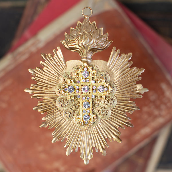 Sacred Heart Cross ~ Gold with White Rhinestones
